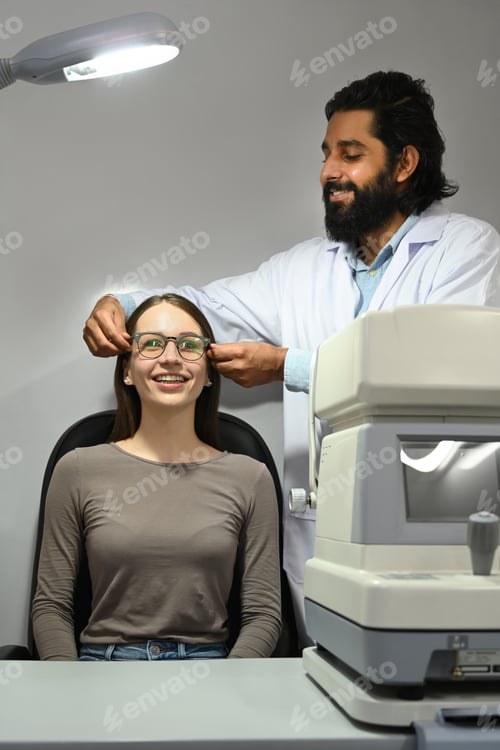 Preview: Happy caucasian woman testing new glasses with optometrist in optical store.