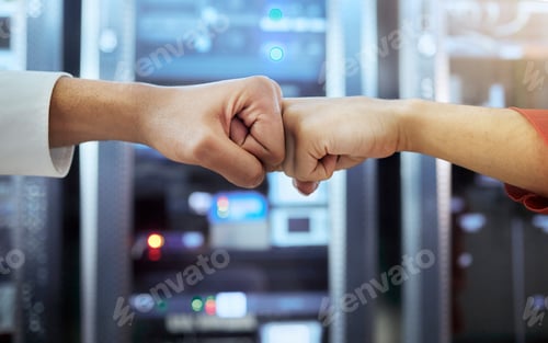 Preview: Fist bump, coding teamwork and programming server room of cyber data security storage, coding netwo