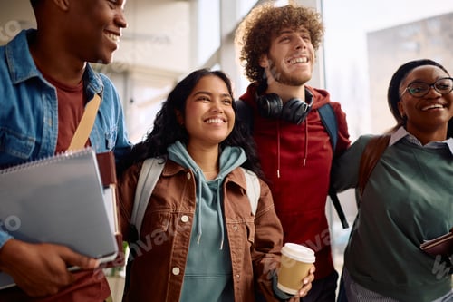Preview: Multiracial group of happy university students walking through hallway.