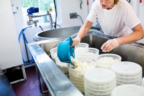 Preview: Woman preparing cottage cheese in commercial kitchen