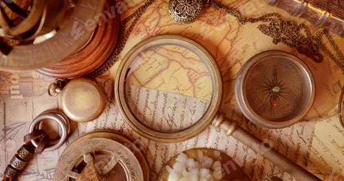 Preview: Vintage style travel and adventure. Vintage old compass and other vintage items on the table.