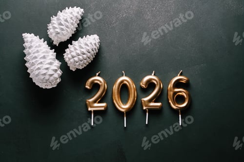 Visualização: Velas douradas festivas para comemorar o Ano Novo em 2026 com pinhas