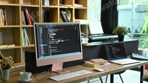 Preview: Computer pc and laptop with programming code on screens at software development company.
