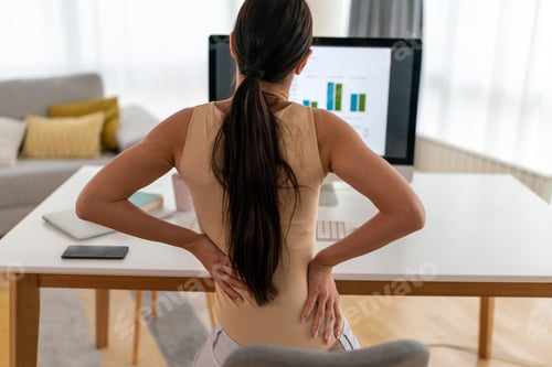 Preview: Tired woman worker sit at desk touch back suffer, woman strong backache, incorrect posture concept