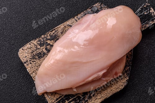 Preview: Raw chicken or turkey fillet with salt, spices and herbs