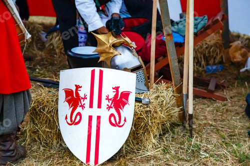Preview: Vibrant red and white shield with the emblem of mythical dragons in the camp