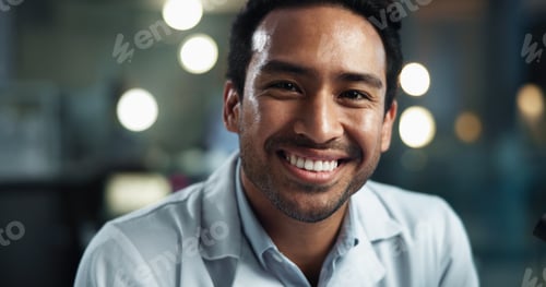 Preview: Man, scientist and portrait with happy, vaccine work and professional with confidence from research