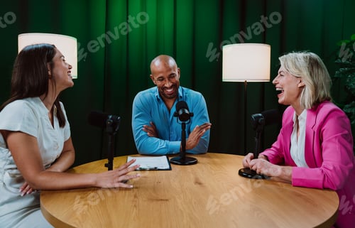 Preview: Group of three diverse hosts having a podcast discussion