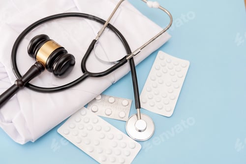 Preview: Gavel and Stethoscope on folded white lab coat with Medication on Light Blue Background