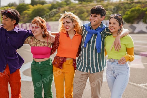 Preview: Young diverse friends having fun together outdoor - Multiracial people and party concept