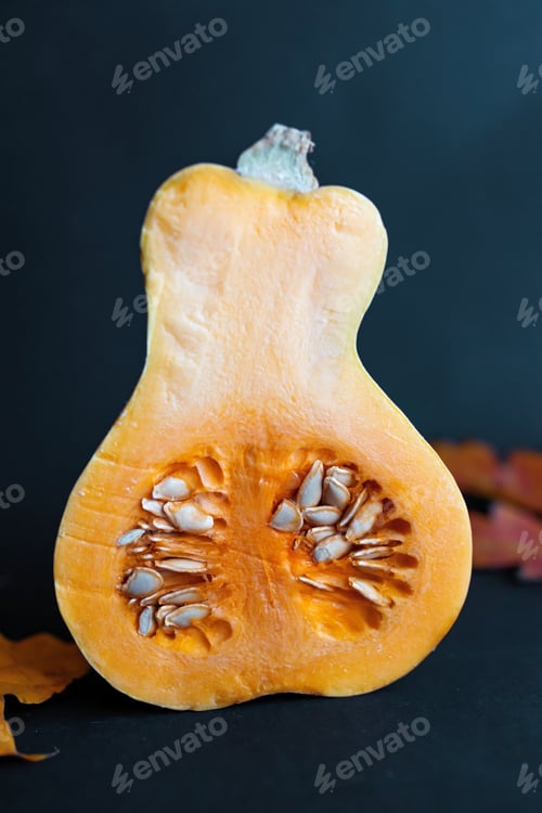Preview: Butternut squash pumpkin cut in half on dark background.