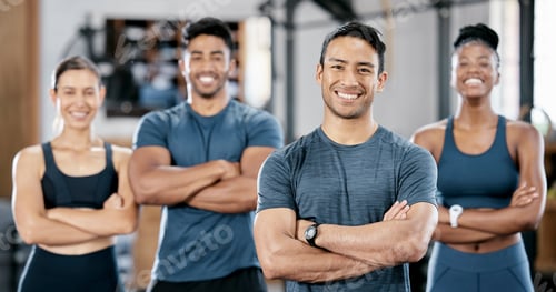 Preview: Fitness, portrait and man personal trainer with clients standing with crossed arms in the gym. Spor