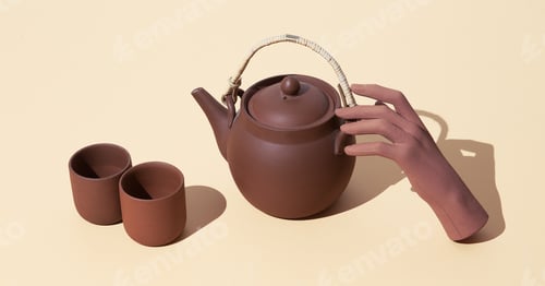 Preview: Fake hand holding clay teapot on beige background. Minimal stilll life isometric art