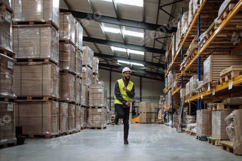 Preview: Warehouseman with tablet helmet dancing in the middle of warehouse. Warehouse working having fun at