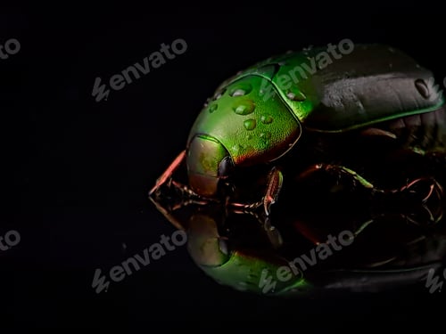Preview: Closeup wet green beetle bug with reflection on a black background