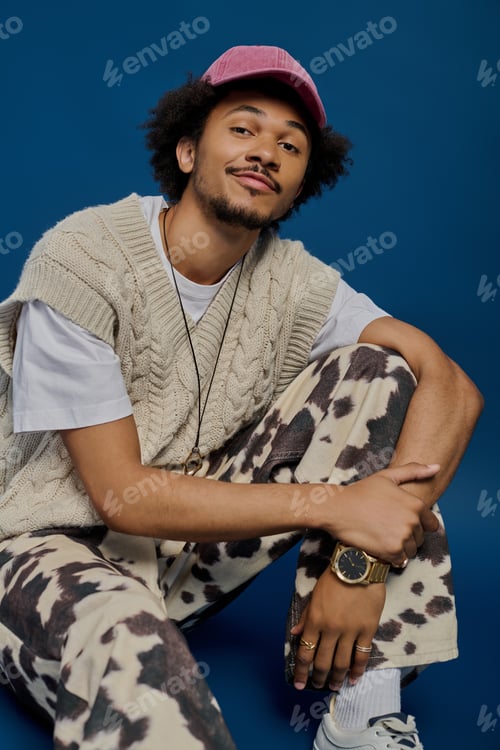 Preview: Young handsome man poses confidently in stylish outfit against vibrant blue background