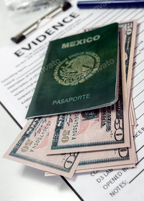 Preview: Some fifty-dollar notes in a Mexican passport in a crime lab, concept image