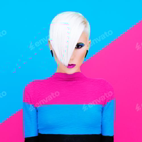 Preview: Fashion blond model with trendy hairstyle and make-up on a color