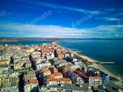 Preview: Panoramic view from a height above the town of Pomorie with houses and streets