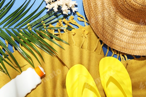 Preview: Beach accessories and palm leaf on blue background, flat lay