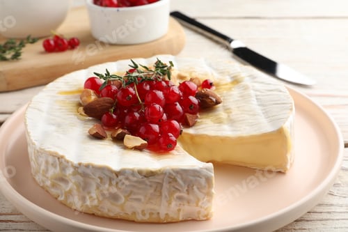 Preview: Brie cheese served with almonds, red currants and honey on white wooden table, closeup