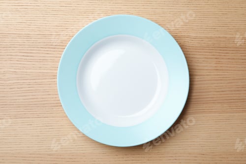 Preview: Stylish ceramic plate on wooden background, top view