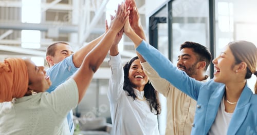 Preview: Business people, diversity or high five in teamwork success, advertising goals or team building in