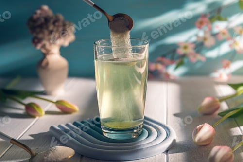 Preview: Collagen powder is add to glass of water with a spoon
