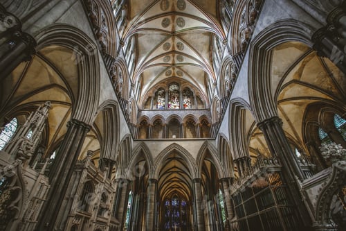 Preview: Interior of the medieval Salisbury Cathedral with gothic-style arches, UK