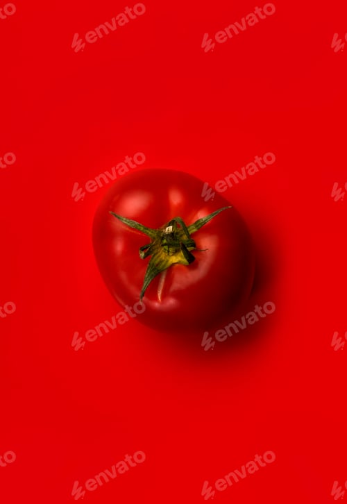 Preview: Big red tomato on bright red background, top view