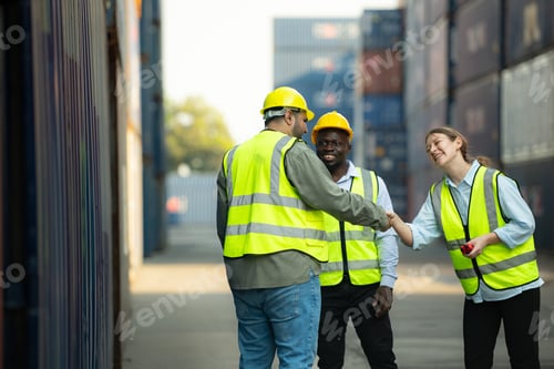 Preview: Group of workers in a container storage yard greeting each other during breaks in front of container