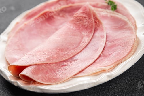 Preview: Ham slice pork meat fresh tasty food dish delicious gourmet food background on the table rustic food