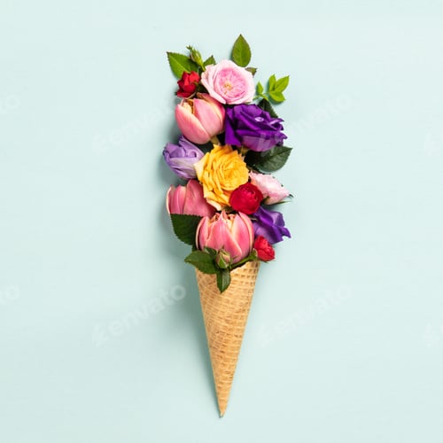 Preview: Ice cream cone with flowers and leaves. Summer minimal concept.