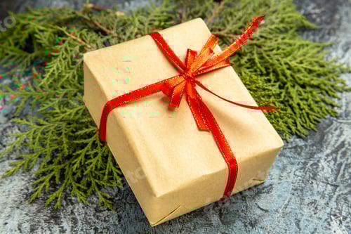 Preview: bottom view small gift tied with red ribbon on pine branches on dark background
