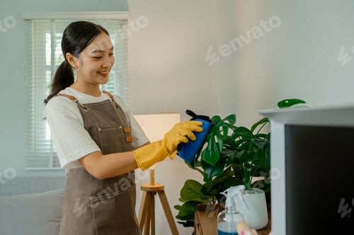 Preview: housewife is cleaning all furniture in the house to remove dust and keep everything neat, daughter i