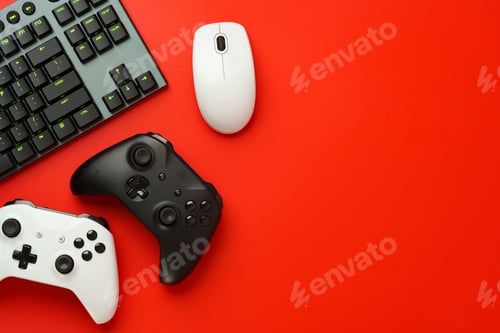 Preview: Gamer equipment on red background top view