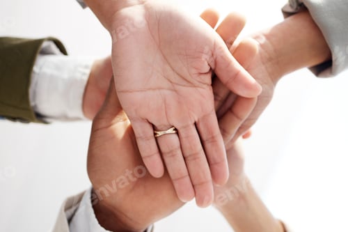 Preview: Teamwork, closeup and hands stacked for support, target or team building mission in circle or group