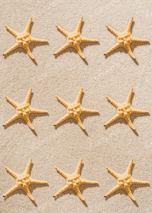 Preview: top view of repetition of starfishes on sandy beach