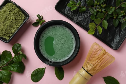 Preview: Concept of japanese tea with matcha on pink background
