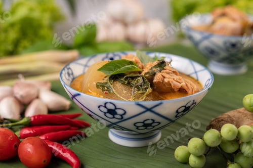Preview: Chicken curry with Wax gourd in a ceramic cup.
