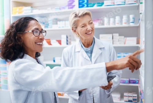 Preview: Pharmacy women, shelf and pointing together with smile, stock and product for medical wellness in s