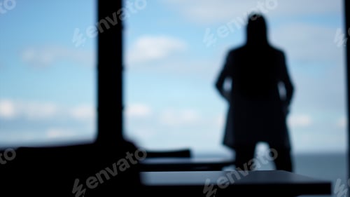 Preview: Businesswoman silhouette dance office at window. Happy friday employee mood.
