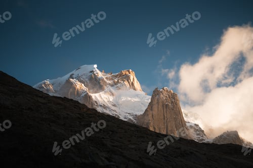 Preview: Trango towers illuminating dramatic peaks along baltoro trek. Paiju koburtse