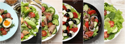 Preview: Many different salads on tables, top view. Set