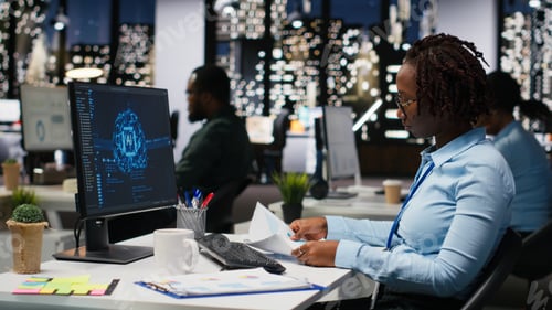 Preview: Young female analyst uses AI neural networks for data mining and optimization