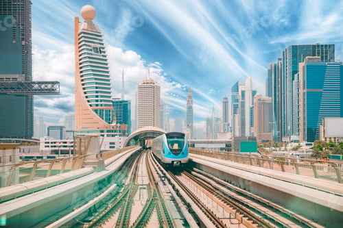 Preview: Monorail Subway train rides among glass skyscrapers in Dubai. Traffic on street in Dubai. Cityscape