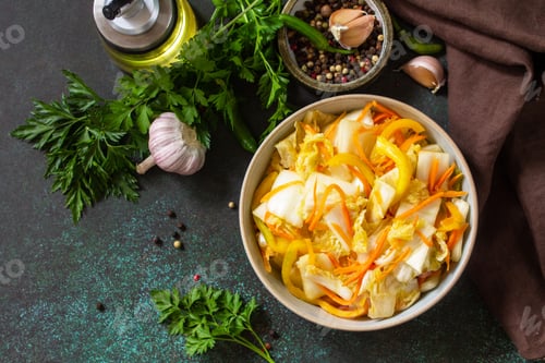 Preview: Korean pickle traditional fermented vegetable, Kimchi cabbage on a stone countertop.