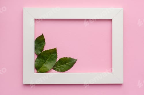 Preview: White frame, green leaves on a pink background.. With space for text. The view from the top