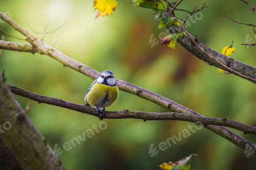 Preview: Blue tit perched on a branch with blurred green background.