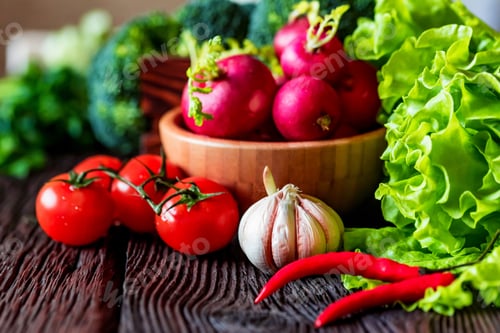 Preview: Fresh seasonal vegetables on wooden surface